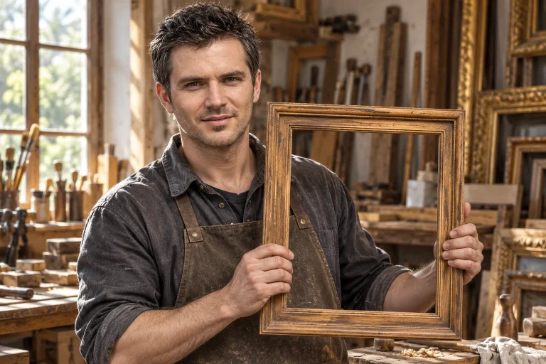Нижник Максим Владимирович в мастерской с пустой деревянной рамой в руках — AI-иллюстрация к художественной истории